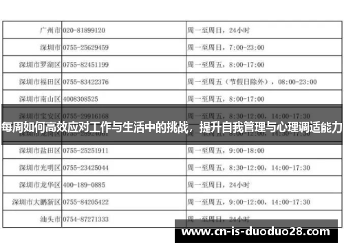 每周如何高效应对工作与生活中的挑战,提升自我管理与心理调适能力 每周如何高效应对工作与生活中的挑战,提升自我管理与心理调适能力