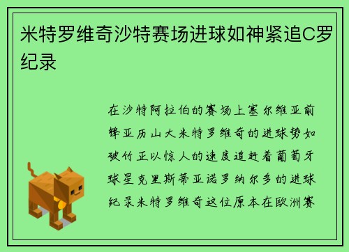 米特罗维奇沙特赛场进球如神紧追C罗纪录
