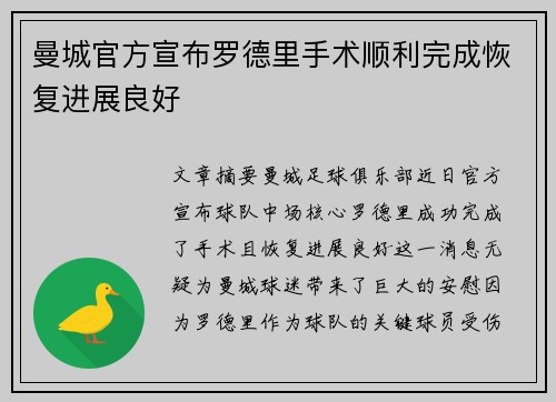 曼城官方宣布罗德里手术顺利完成恢复进展良好